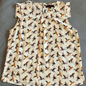 Sleeveless Cream Bird-Print Blouse